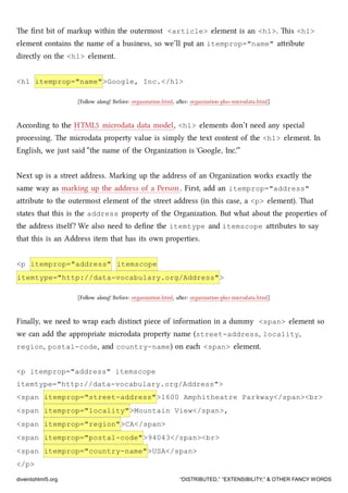 e ﬁrst bit of markup within the outermost <article> element is an <h1>. is <h1>
element contains the name of a business, so we’ll put an itemprop="name" aribute
directly on the <h1> element.
<h1 itemprop="name">Google, Inc.</h1>
[Follow along! Before: organization.html, aer: organization-plus-microdata.html]
According to the HTML5 microdata data model, <h1> elements don’t need any special
processing. e microdata property value is simply the text content of the <h1> element. In
English, we just said “the name of the Organization is 'Google, Inc.'”
Next up is a street address. Marking up the address of an Organization works exactly the
same way as marking up the address of a Person. First, add an itemprop="address"
aribute to the outermost element of the street address (in this case, a <p> element). at
states that this is the address property of the Organization. But what about the properties of
the address itself? We also need to deﬁne the itemtype and itemscope aributes to say
that this is an Address item that has its own properties.
<p itemprop="address" itemscope
itemtype="http://data-vocabulary.org/Address">
[Follow along! Before: organization.html, aer: organization-plus-microdata.html]
Finally, we need to wrap ea distinct piece of information in a dummy <span> element so
we can add the appropriate microdata property name (street-address, locality,
region, postal-code, and country-name) on ea <span> element.
<p itemprop="address" itemscope
itemtype="http://data-vocabulary.org/Address">
<span itemprop="street-address">1600 Amphitheatre Parkway</span><br>
<span itemprop="locality">Mountain View</span>,
<span itemprop="region">CA</span>
<span itemprop="postal-code">94043</span><br>
<span itemprop="country-name">USA</span>
</p>
diveintohtml5.org “DISTRIBUTED,” “EXTENSIBILITY,” & OTHER FANCY WORDS
 