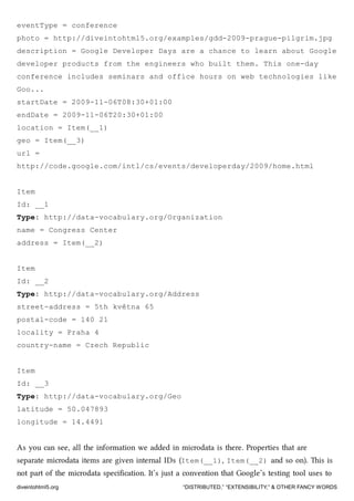 eventType = conference
photo = http://diveintohtml5.org/examples/gdd-2009-prague-pilgrim.jpg
description = Google Developer Days are a chance to learn about Google
developer products from the engineers who built them. This one-day
conference includes seminars and office hours on web technologies like
Goo...
startDate = 2009-11-06T08:30+01:00
endDate = 2009-11-06T20:30+01:00
location = Item(__1)
geo = Item(__3)
url =
http://code.google.com/intl/cs/events/developerday/2009/home.html
Item
Id: __1
Type: http://data-vocabulary.org/Organization
name = Congress Center
address = Item(__2)
Item
Id: __2
Type: http://data-vocabulary.org/Address
street-address = 5th května 65
postal-code = 140 21
locality = Praha 4
country-name = Czech Republic
Item
Id: __3
Type: http://data-vocabulary.org/Geo
latitude = 50.047893
longitude = 14.4491
As you can see, all the information we added in microdata is there. Properties that are
separate microdata items are given internal IDs (Item(__1), Item(__2) and so on). is is
not part of the microdata speciﬁcation. It’s just a convention that Google’s testing tool uses to
diveintohtml5.org “DISTRIBUTED,” “EXTENSIBILITY,” & OTHER FANCY WORDS
 
