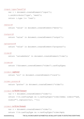 <input type="week">#
var i = document.createElement('input');
i.setAttribute('type', 'week');
return i.type !== 'text';
<meter>#
return 'value' in document.createElement('meter');
<output>#
return 'value' in document.createElement('output');
<progress>#
return 'value' in document.createElement('progress');
<time>#
return 'valueAsDate' in document.createElement('time');
<video>#
return !!document.createElement('video').canPlayType;
<video> captions#
return 'src' in document.createElement('track');
<video poster>#
return 'poster' in document.createElement('video');
<video> in WebM format#
var v = document.createElement('video');
return !!(v.canPlayType && v.canPlayType('video/webm; codecs="vp8,
vorbis"').replace(/no/, ''));
<video> in H.264 format#
var v = document.createElement('video');
return !!(v.canPlayType && v.canPlayType('video/mp4;
diveintohtml5.org THE ALL-IN-ONE ALMOST-ALPHABETICAL NO-BULLSHIT GUIDE TO DETECTING EVERYTHING
 