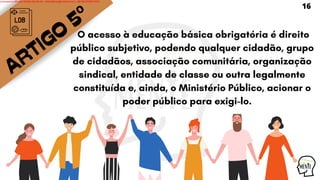 ARTIGO
5º
LDB
O acesso à educação básica obrigatória é direito
público subjetivo, podendo qualquer cidadão, grupo
de cidadãos, associação comunitária, organização
sindical, entidade de classe ou outra legalmente
constituída e, ainda, o Ministério Público, acionar o
poder público para exigi-lo.
16
Licensed to WILMA VIANA DA SILVA - wilma80mp@hotmail.com - HP18816796737674
 