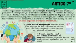 LDB ARTIGO 7º
Ao aluno regularmente matriculado em instituição de ensino pública ou privada, de
qualquer nível, é assegurado, no exercício da liberdade de consciência e de crença, o
direito de, mediante prévio e motivado requerimento, ausentar-se de prova ou de aula
marcada para dia em que, segundo os preceitos de sua religião, seja vedado o exercício de
tais atividades, devendo-se lhe atribuir, a critério da instituição e sem custos para o aluno,
uma das seguintes prestações alternativas,
I - prova ou aula de reposição, conforme o caso,
a ser realizada em data alternativa, no turno de
estudo do aluno ou em outro horário agendado
com sua anuência expressa;
II - trabalho escrito ou outra
modalidade de atividade de
pesquisa, com tema, objetivo e data de
entrega definidos pela instituição de
ensino.
18
Licensed to WILMA VIANA DA SILVA - wilma80mp@hotmail.com - HP18816796737674
 