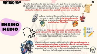 ENSINO
MÉDIO
ARTIGO35º A parte diversificada dos currículos de que trata o caput do art.
26, definida em cada sistema de ensino, deverá estar harmonizada à
Base Nacional Comum Curricular e ser articulada a partir do
contexto histórico, econômico, social, ambiental e cultural.
A Base Nacional Comum Curricular referente
ao ensino médio incluirá obrigatoriamente
estudos e práticas de educação física, arte,
sociologia e filosofia.
O ensino da língua portuguesa e da matemática
será obrigatório nos três anos do ensino médio,
assegurada às comunidades indígenas, também, a
utilização das respectivas línguas maternas.
Os currículos do ensino médio incluirão, obrigatoriamente, o
estudo da língua inglesa e poderão ofertar outras línguas
estrangeiras, em caráter optativo, preferencialmente o
espanhol, de acordo com a disponibilidade de oferta, locais e
horários definidos pelos sistemas de ensino.
43
Licensed to WILMA VIANA DA SILVA - wilma80mp@hotmail.com - HP18816796737674
 