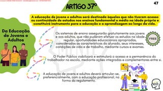 Os sistemas de ensino assegurarão gratuitamente aos jovens
e aos adultos, que não puderam efetuar os estudos na idade
regular, oportunidades educacionais apropriadas,
consideradas as características do alunado, seus interesses,
condições de vida e de trabalho, mediante cursos e exames.
A educação de jovens e adultos será destinada àqueles que não tiveram acesso
ou continuidade de estudos nos ensinos fundamental e médio na idade própria e
constituirá instrumento para a educação e a aprendizagem ao longo da vida.
O Poder Público viabilizará e estimulará o acesso e a permanência do
trabalhador na escola, mediante ações integradas e complementares entre si.
A educação de jovens e adultos deverá articular-se,
preferencialmente, com a educação profissional, na
forma do regulamento.
ARTIGO37º
Da Educação
de Jovens e
Adultos
47
Licensed to WILMA VIANA DA SILVA - wilma80mp@hotmail.com - HP18816796737674
 