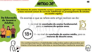 Os sistemas de ensino manterão cursos e exames supletivos, que compreenderão
a base nacional comum do currículo, habilitando ao prosseguimento de estudos
em caráter regular.
ARTIGO38º
Da Educação
de Jovens e
Adultos
II - no nível de conclusão do ensino médio, para os
maiores de dezoito anos.
Os conhecimentos e habilidades adquiridos pelos educandos por
meios informais serão aferidos e reconhecidos mediante exames.
Os exames a que se refere este artigo realizar-se-ão:
I - no nível de conclusão do ensino fundamental,
para os maiores de quinze anos;
48
Licensed to WILMA VIANA DA SILVA - wilma80mp@hotmail.com - HP18816796737674
 
