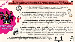 EDUCAÇÃO
ESPECIAL
ARTIGO59º Os sistemas de ensino assegurarão aos educandos com deficiência,
transtornos globais do desenvolvimento e altas habilidades ou superdotação:
IV - educação especial para o trabalho, visando a sua efetiva integração na
vida em sociedade, inclusive condições adequadas para os que não revelarem
capacidade de inserção no trabalho competitivo, mediante articulação com os
órgãos oficiais afins, bem como para aqueles que apresentam uma habilidade
superior nas áreas artística, intelectual ou psicomotora;
I - currículos, métodos, técnicas, recursos educativos e organização
específicos, para atender às suas necessidades;
II - terminalidade específica para aqueles que não puderem atingir o
nível exigido para a conclusão do ensino fundamental, em virtude de
suas deficiências, e aceleração para concluir em menor tempo o
programa escolar para os superdotados;
III - professores com especialização adequada em nível médio ou
superior, para atendimento especializado, bem como professores do ensino
regular capacitados para a integração desses educandos nas classes comuns;
V - acesso igualitário aos benefícios dos programas sociais
suplementares disponíveis para o respectivo nível do ensino regular.
51
Licensed to WILMA VIANA DA SILVA - wilma80mp@hotmail.com - HP18816796737674
 