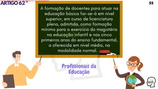 ARTIGO62º
A formação de docentes para atuar na
educação básica far-se-á em nível
superior, em curso de licenciatura
plena, admitida, como formação
mínima para o exercício do magistério
na educação infantil e nos cinco
primeiros anos do ensino fundamental,
a oferecida em nível médio, na
modalidade normal.
Profissionais da
Educação
55
Licensed to WILMA VIANA DA SILVA - wilma80mp@hotmail.com - HP18816796737674
 