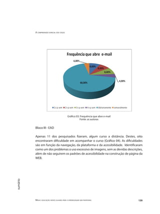 A compreensão espacial dos cegos
Mídia e educação: novos olhares para a aprendizagem sem fronteiras 139
sumário
Gráfico 03: Frequência que abre e-mail
Fonte: as autoras
Bloco III - EAD
	
Apenas 11 dos pesquisados fizeram, algum curso a distância. Destes, oito
encontraram dificuldade em acompanhar o curso (Gráfico 04). As dificuldades
são em função da navegação, da plataforma e da acessibilidade. Identificaram
como um dos problemas o uso excessivo de imagens, sem as devidas descrições,
além de não seguirem os padrões de acessibilidade na construção de página da
WEB.
 