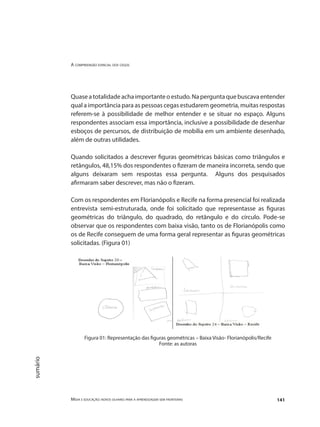 A compreensão espacial dos cegos
Mídia e educação: novos olhares para a aprendizagem sem fronteiras 141
sumário
Quase a totalidade acha importante o estudo. Na pergunta que buscava entender
qual a importância para as pessoas cegas estudarem geometria, muitas respostas
referem-se à possibilidade de melhor entender e se situar no espaço. Alguns
respondentes associam essa importância, inclusive a possibilidade de desenhar
esboços de percursos, de distribuição de mobília em um ambiente desenhado,
além de outras utilidades.
Quando solicitados a descrever figuras geométricas básicas como triângulos e
retângulos, 48,15% dos respondentes o fizeram de maneira incorreta, sendo que
alguns deixaram sem respostas essa pergunta. Alguns dos pesquisados
afirmaram saber descrever, mas não o fizeram.
Com os respondentes em Florianópolis e Recife na forma presencial foi realizada
entrevista semi-estruturada, onde foi solicitado que representasse as figuras
geométricas do triângulo, do quadrado, do retângulo e do círculo. Pode-se
observar que os respondentes com baixa visão, tanto os de Florianópolis como
os de Recife conseguem de uma forma geral representar as figuras geométricas
solicitadas. (Figura 01)
Figura 01: Representação das figuras geométricas – Baixa Visão- Florianópolis/Recife
Fonte: as autoras
 