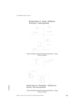 A compreensão espacial dos cegos
Mídia e educação: novos olhares para a aprendizagem sem fronteiras 143
sumário
Figura 03: Representação das Figuras Geométricas – Cegos
Fonte: as autoras
Figura 04: Representação das Figuras Geométricas – Cegos
Fonte: as autoras
 