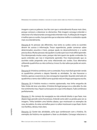 Aprendendo por quadrinhos hipermídia: o discurso de alunos surdos sobre essa proposta de aprendizagem
Mídia e educação: novos olhares para a aprendizagem sem fronteiras 160
sumário
imagem e para as palavras. Isso fez com que o entendimento ficasse mais claro,
porque comecei a relacionar os elementos. Pela imagem consegui entender e
relacionarefuirelacionandoconseguindoentendermais.Autilizaçãodeimagem
é melhor para os surdos. Isso permite que se relacione melhor o conteúdo e ajuda
mais no entendimento.
Discurso 8: As pessoas são diferentes, mas tanto os surdos como os ouvintes
devem ter acesso à informação. Trocar experiências, poder conversar sobre
determinados assuntos é bom, porque ajuda no desenvolvimento e o surdo
precisadisso.Muitaspessoasnãoajudamosurdoeporissoémaisdifícilaprender.
Fico desesperado muitas vezes, porque não tem quem me ajude a entender. Eu
quero entender, por isso é importante aprender. Fico impressionado que os
ouvintes estão propondo uma coisa relacionada aos surdos. Essa alternativa
utilizando quadrinhos eu não conhecia, é novo. Eu não sabia que podia ser assim.
Eu gosto.
Discurso 9: A história combinou com o conteúdo. Ficou mais fácil aprender vendo
os quadrinhos primeiro e depois fazendo as atividades. Se não houvesse a
história, apenas o exercício eu não conseguiria responder. Quando está tudo em
quadrinhos o tema não é difícil como quando está em língua portuguesa escrita.
Discurso 10: A história mostra o menino apaixonado, mas tinha vergonha de
falar. Então ele teve uma ideia. A história foi legal porque era a vida dele. Eu não
tive sentimento mau. Fiquei curioso para ver o que vinha depois.Tudo combinava
perfeitamente.
Discurso 11: No começo da navegação eu não entendi direito o que fazer, mas
depois logo percebi como funcionava. Entendi como abrir as janelas para ver as
imagens. Tinha também uma listinha abaixo, que mostravam os exemplos da
casa, da cadeira. As setas vermelhas para ir e voltar mostravam o que fazer. Assim
isso facilitou, deixou mais claro.
Discurso 12: Gostei das atividades, acho que combinavam com a história. Os
exemplos da histórica me ajudaram a fazer as atividades. Consegui relacionar o
 