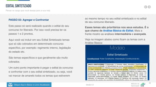 Clique Aqui e Baixe o Livro Atualizado
Método de
Aprovação
Versão 5.5
24
PASSO 03: Agregar e Confrontar
Este passo só será realizado quando o edital do seu
concurso for liberado. Por isso você precisa ter os
passos 1 e 2 prontos.
Aqui você vai incluir em seu Edital Sintetizado temas
que só são cobrados em determinado concurso
específico, por exemplo: regimento interno, legislação
do estado etc.
São temas específicos e que geralmente são muito
cobrados.
Um outro ponto importante é pegar o edital do concurso
e confrontar com o seu edital sintetizado, ou seja, você
vai marcar de amarelo todos os temas que estiverem
ao mesmo tempo no seu edital sintetizado e no edital
de seu concurso liberado.
Esses temas são prioritários nos seus estudos. É o
que chamo de Análise Básica do Edital. Mais a
frente mostro as análises intermediária e avançada.
Veja na imagem abaixo como ficam os temas com a
Análise Básica:
EDITAL SINTETIZADO
Pense no cargo que você deseja para a sua vida
 