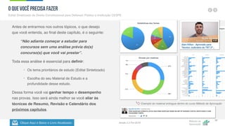 Clique Aqui e Baixe o Livro Atualizado
Método de
Aprovação
Versão 5.5 Fev-2019
30
O QUE VOCÊ PRECISA FAZER
Edital Sintetizado de Direito Constitucional para Defensor Público e Instituição CESPE
Antes de entrarmos nos outros tópicos, o que desejo
que você entenda, ao final deste capítulo, é o seguinte:
“Não adianta começar a estudar para
concursos sem uma análise prévia do(s)
concurso(s) que você vai prestar”.
Toda essa análise é essencial para definir:
• Os tema prioritários de estudo (Edital Sintetizado)
• Escolha do seu Material de Estudo e a
profundidade desse estudo.
Dessa forma você vai ganhar tempo e desempenho
nas provas. Isso será ainda melhor se você aliar às
técnicas de Resumo, Revisão e Calendário dos
próximos capítulos.
Exemplo do material entregue dentro do curso Método de Aprovação
Divisão por matérias
Estatísticas dos Temas
Separação de Temas por Cargos
 
