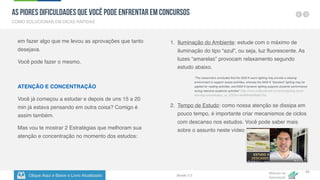 Clique Aqui e Baixe o Livro Atualizado
Método de
Aprovação
Versão 5.5
1. Iluminação do Ambiente: estude com o máximo de
iluminação do tipo “azul”, ou seja, luz fluorescente. As
luzes “amarelas” provocam relaxamento segundo
estudo abaixo.
"The researchers concluded that the 3500 K warm lighting may provide a relaxing
environment to support recess activities, whereas the 5000 K "standard" lighting may be
applied for reading activities, and 6500 K dynamic lighting supports students' performance
during intensive academic activities” (http://www.huffpostbrasil.com/entry/lighting-boost-
learning-concentration_us_5720cb14e4b0b49df6a9b73e).
2. Tempo de Estudo: como nossa atenção se dissipa em
pouco tempo, é importante criar mecanismos de ciclos
com descanso nos estudos. Você pode saber mais
sobre o assunto neste vídeo
43
em fazer algo que me levou as aprovações que tanto
desejava.
Você pode fazer o mesmo.
ATENÇÃO E CONCENTRAÇÃO
Você já começou a estudar e depois de uns 15 a 20
min já estava pensando em outra coisa? Comigo é
assim também.
Mas vou te mostrar 2 Estratégias que melhoram sua
atenção e concentração no momento dos estudos:
COMO SOLUCIONAR EM DICAS RÁPIDAS
As Piores Dificuldades que Você pode Enfrentar em Concursos
 