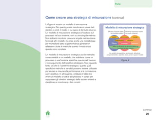Parte:       1        2          3        4   5       6



Come creare una strategia di misurazione (continua)
La figura 4 mostra un modello di misurazione
strategica. Per quanto possa monitorare e usare dati           Modello di misurazione strategica
identici o simili, il modo in cui opera è del tutto diverso.
                                                                 Efficacia (risposta adatta   Efficienza (operazioni rapide
Un modello di misurazione strategica si focalizza sul                 nel momento adatto)     con costi contenuti)
processo nel suo insieme, non su una singola metrica.
                                                                       Lealtà         performance            morale
Non soltanto monitora ciascuna singola metrica come
                                                                            Soddisfazione        efficacia
fanno gli altri modelli, ma crea anche una metodologia
per monitorare tanto la performance generale in                        Cliente         processo          operatore

relazione a tutte le metriche quanto il modo in cui                     Indice di efficienza ed efficacia relativo al
                                                                                processo nel suo insieme
queste sono correlate.
                                                                  Le variabili demografiche, sentimentali, attitudinali,
Un modello di misurazione strategica usa le metriche           comportamentali e operative fanno parte di questo modello
come variabili in un modello che stabilisce come un
processo o una funzione specifica operino nel favorire
il conseguimento dell’obiettivo strategico. Non riguarda
tanto ciò che è l’obiettivo strategico, quanto quali
specifiche metriche e variabili possano essere utilizzate
per aiutare a misurare la performance e la correlazione
con l’obiettivo. In altre parole, enfatizza il fatto che
avere un modello di dati e dei processi in corso per
supportare gli obiettivi strategici della società aiuterà a
identificare e monitorare i dati corretti.




                                                                                                                              Continua

                                                                                                                          34
                                                                                                                           20
 