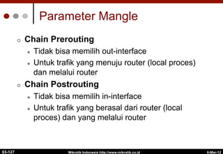 6-Mar-12
Mikrotik Indonesia http://www.mikrotik.co.id
Parameter Mangle
¢  Chain Prerouting
l  Tidak bisa memilih out-interface
l  Untuk trafik yang menuju router (local proces)
dan melalui router
¢  Chain Postrouting
l  Tidak bisa memilih in-interface
l  Untuk trafik yang berasal dari router (local
proces) dan yang melalui router
03-127
 