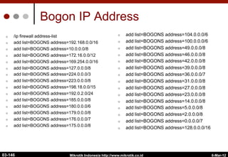 6-Mar-12
Mikrotik Indonesia http://www.mikrotik.co.id
Bogon IP Address
¢  /ip firewall address-list
¢  add list=BOGONS address=192.168.0.0/16
¢  add list=BOGONS address=10.0.0.0/8
¢  add list=BOGONS address=172.16.0.0/12
¢  add list=BOGONS address=169.254.0.0/16
¢  add list=BOGONS address=127.0.0.0/8
¢  add list=BOGONS address=224.0.0.0/3
¢  add list=BOGONS address=223.0.0.0/8
¢  add list=BOGONS address=198.18.0.0/15
¢  add list=BOGONS address=192.0.2.0/24
¢  add list=BOGONS address=185.0.0.0/8
¢  add list=BOGONS address=180.0.0.0/6
¢  add list=BOGONS address=179.0.0.0/8
¢  add list=BOGONS address=176.0.0.0/7
¢  add list=BOGONS address=175.0.0.0/8
¢  add list=BOGONS address=104.0.0.0/6
¢  add list=BOGONS address=100.0.0.0/6
¢  add list=BOGONS address=49.0.0.0/8
¢  add list=BOGONS address=46.0.0.0/8
¢  add list=BOGONS address=42.0.0.0/8
¢  add list=BOGONS address=39.0.0.0/8
¢  add list=BOGONS address=36.0.0.0/7
¢  add list=BOGONS address=31.0.0.0/8
¢  add list=BOGONS address=27.0.0.0/8
¢  add list=BOGONS address=23.0.0.0/8
¢  add list=BOGONS address=14.0.0.0/8
¢  add list=BOGONS address=5.0.0.0/8
¢  add list=BOGONS address=2.0.0.0/8
¢  add list=BOGONS address=0.0.0.0/7
¢  add list=BOGONS address=128.0.0.0/16
03-146
 