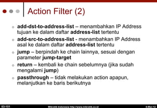 6-Mar-12
Mikrotik Indonesia http://www.mikrotik.co.id
Action Filter (2)
¢  add-dst-to-address-list – menambahkan IP Address
tujuan ke dalam daftar address-list tertentu
¢  add-src-to-address-list - menambahkan IP Address
asal ke dalam daftar address-list tertentu
¢  jump – berpindah ke chain lainnya, sesuai dengan
parameter jump-target
¢  return – kembali ke chain sebelumnya (jika sudah
mengalami jump)
¢  passthrough – tidak melakukan action apapun,
melanjutkan ke baris berikutnya
03-151
 