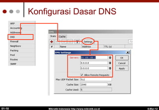 6-Mar-12
Mikrotik Indonesia http://www.mikrotik.co.id
01-18
Konfigurasi Dasar DNS
 