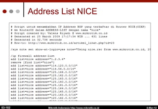 6-Mar-12
Mikrotik Indonesia http://www.mikrotik.co.id
Address List NICE
03-182
 
