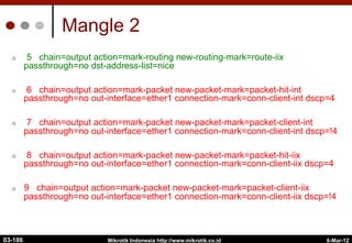 Mangle 2
¢  5 chain=output action=mark-routing new-routing-mark=route-iix
passthrough=no dst-address-list=nice
¢  6 chain=output action=mark-packet new-packet-mark=packet-hit-int
passthrough=no out-interface=ether1 connection-mark=conn-client-int dscp=4
¢  7 chain=output action=mark-packet new-packet-mark=packet-client-int
passthrough=no out-interface=ether1 connection-mark=conn-client-int dscp=!4
¢  8 chain=output action=mark-packet new-packet-mark=packet-hit-iix
passthrough=no out-interface=ether1 connection-mark=conn-client-iix dscp=4
¢  9 chain=output action=mark-packet new-packet-mark=packet-client-iix
passthrough=no out-interface=ether1 connection-mark=conn-client-iix dscp=!4
6-Mar-12
Mikrotik Indonesia http://www.mikrotik.co.id
03-186
 
