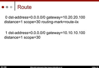 Route
0 dst-address=0.0.0.0/0 gateway=10.20.20.100
distance=1 scope=30 routing-mark=route-iix
1 dst-address=0.0.0.0/0 gateway=10.10.10.100
distance=1 scope=30
6-Mar-12
Mikrotik Indonesia http://www.mikrotik.co.id
03-188
 