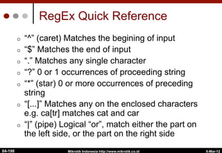 RegEx Quick Reference
¢  “^” (caret) Matches the begining of input
¢  “$” Matches the end of input
¢  “.” Matches any single character
¢  “?” 0 or 1 occurrences of proceeding string
¢  “*” (star) 0 or more occurrences of preceding
string
¢  “[...]” Matches any on the enclosed characters
e.g. ca[tr] matches cat and car
¢  “|” (pipe) Logical “or”, match either the part on
the left side, or the part on the right side
6-Mar-12
Mikrotik Indonesia http://www.mikrotik.co.id
04-198
 