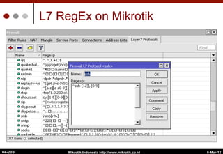 L7 RegEx on Mikrotik
6-Mar-12
Mikrotik Indonesia http://www.mikrotik.co.id
04-203
 