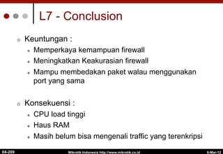 L7 - Conclusion
¢  Keuntungan :
l  Memperkaya kemampuan firewall
l  Meningkatkan Keakurasian firewall
l  Mampu membedakan paket walau menggunakan
port yang sama
¢  Konsekuensi :
l  CPU load tinggi
l  Haus RAM
l  Masih belum bisa mengenali traffic yang terenkripsi
6-Mar-12
Mikrotik Indonesia http://www.mikrotik.co.id
04-209
 