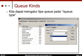6-Mar-12
Mikrotik Indonesia http://www.mikrotik.co.id
Queue Kinds
¢  Kita dapat mengatur tipe queue pada “/queue
type”
05-217
 