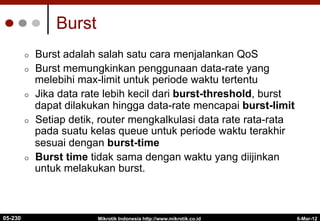 6-Mar-12
Mikrotik Indonesia http://www.mikrotik.co.id
Burst
¢  Burst adalah salah satu cara menjalankan QoS
¢  Burst memungkinkan penggunaan data-rate yang
melebihi max-limit untuk periode waktu tertentu
¢  Jika data rate lebih kecil dari burst-threshold, burst
dapat dilakukan hingga data-rate mencapai burst-limit
¢  Setiap detik, router mengkalkulasi data rate rata-rata
pada suatu kelas queue untuk periode waktu terakhir
sesuai dengan burst-time
¢  Burst time tidak sama dengan waktu yang diijinkan
untuk melakukan burst.
05-230
 