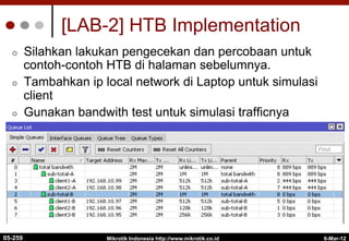 6-Mar-12
Mikrotik Indonesia http://www.mikrotik.co.id
[LAB-2] HTB Implementation
¢  Silahkan lakukan pengecekan dan percobaan untuk
contoh-contoh HTB di halaman sebelumnya.
¢  Tambahkan ip local network di Laptop untuk simulasi
client
¢  Gunakan bandwith test untuk simulasi trafficnya
05-259
 