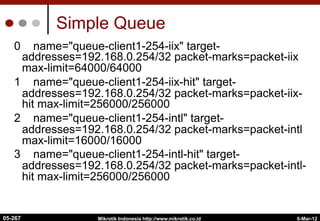 6-Mar-12
Mikrotik Indonesia http://www.mikrotik.co.id
Simple Queue
0 name="queue-client1-254-iix" target-
addresses=192.168.0.254/32 packet-marks=packet-iix
max-limit=64000/64000
1 name="queue-client1-254-iix-hit" target-
addresses=192.168.0.254/32 packet-marks=packet-iix-
hit max-limit=256000/256000
2 name="queue-client1-254-intl" target-
addresses=192.168.0.254/32 packet-marks=packet-intl
max-limit=16000/16000
3 name="queue-client1-254-intl-hit" target-
addresses=192.168.0.254/32 packet-marks=packet-intl-
hit max-limit=256000/256000
05-267
 