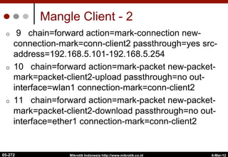 Mangle Client - 2
¢  9 chain=forward action=mark-connection new-
connection-mark=conn-client2 passthrough=yes src-
address=192.168.5.101-192.168.5.254
¢  10 chain=forward action=mark-packet new-packet-
mark=packet-client2-upload passthrough=no out-
interface=wlan1 connection-mark=conn-client2
¢  11 chain=forward action=mark-packet new-packet-
mark=packet-client2-download passthrough=no out-
interface=ether1 connection-mark=conn-client2
6-Mar-12
Mikrotik Indonesia http://www.mikrotik.co.id
05-272
 