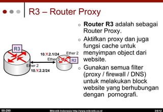 R3 – Router Proxy
3/6/12
Mikrotik Indonesia http://www.mikrotik.co.id
00-280
Ether 2
Ether 3
Ether 2
R2
R3
10.Y.2.2/24
10.Y.2.1/24
¢  Router R3 adalah sebagai
Router Proxy.
¢  Aktifkan proxy dan juga
fungsi cache untuk
menyimpan object dari
website.
¢  Gunakan semua filter
(proxy / firewall / DNS)
untuk melakukan block
website yang berhubungan
dengan pornografi.
 