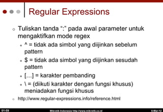 6-Mar-12
Mikrotik Indonesia http://www.mikrotik.co.id
01-59
Regular Expressions
¢  Tuliskan tanda “:” pada awal parameter untuk
mengaktifkan mode regex
l  ^ = tidak ada simbol yang diijinkan sebelum
pattern
l  $ = tidak ada simbol yang diijinkan sesudah
pattern
l  […] = karakter pembanding
l   = (diikuti karakter dengan fungsi khusus)
meniadakan fungsi khusus
¢  http://www.regular-expressions.info/reference.html
 