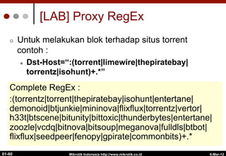 [LAB] Proxy RegEx
¢  Untuk melakukan blok terhadap situs torrent
contoh :
l  Dst-Host=“:(torrent|limewire|thepiratebay|
torrentz|isohunt)+.*”
Mikrotik Indonesia http://www.mikrotik.co.id
01-60
Complete RegEx :
:(torrentz|torrent|thepiratebay|isohunt|entertane|
demonoid|btjunkie|mininova|flixflux|torrentz|vertor|
h33t|btscene|bitunity|bittoxic|thunderbytes|entertane|
zoozle|vcdq|bitnova|bitsoup|meganova|fulldls|btbot|
flixflux|seedpeer|fenopy|gpirate|commonbits)+.*
6-Mar-12
 