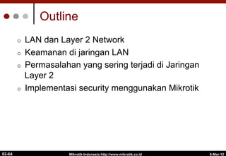 Outline
¢  LAN dan Layer 2 Network
¢  Keamanan di jaringan LAN
¢  Permasalahan yang sering terjadi di Jaringan
Layer 2
¢  Implementasi security menggunakan Mikrotik
6-Mar-12
Mikrotik Indonesia http://www.mikrotik.co.id
02-64
 