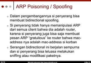 ARP Poisoning / Spoofing
¢  Dalam pengembangannya si penyerang bisa
membuat bidirectional spoofing.
¢  Si penyerang tidak hanya memanipulasi ARP
dari semua client bahwa dia adalah router,
karena si penyerang juga bisa saja membuat
pesan ARP “gratuitous” ke router bahwa mac-
address nya adalah mac-address si korban
¢  Serangan bidirectional ini berjalan sempurna
dan si penyerang bisa leluasa melakukan
sniffing atau modifikasi paketnya.
6-Mar-12
Mikrotik Indonesia http://www.mikrotik.co.id
02-79
 
