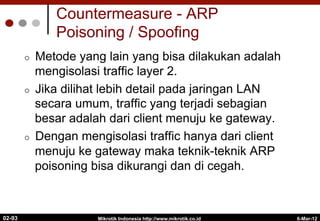 Countermeasure - ARP
Poisoning / Spoofing
¢  Metode yang lain yang bisa dilakukan adalah
mengisolasi traffic layer 2.
¢  Jika dilihat lebih detail pada jaringan LAN
secara umum, traffic yang terjadi sebagian
besar adalah dari client menuju ke gateway.
¢  Dengan mengisolasi traffic hanya dari client
menuju ke gateway maka teknik-teknik ARP
poisoning bisa dikurangi dan di cegah.
6-Mar-12
Mikrotik Indonesia http://www.mikrotik.co.id
02-93
 