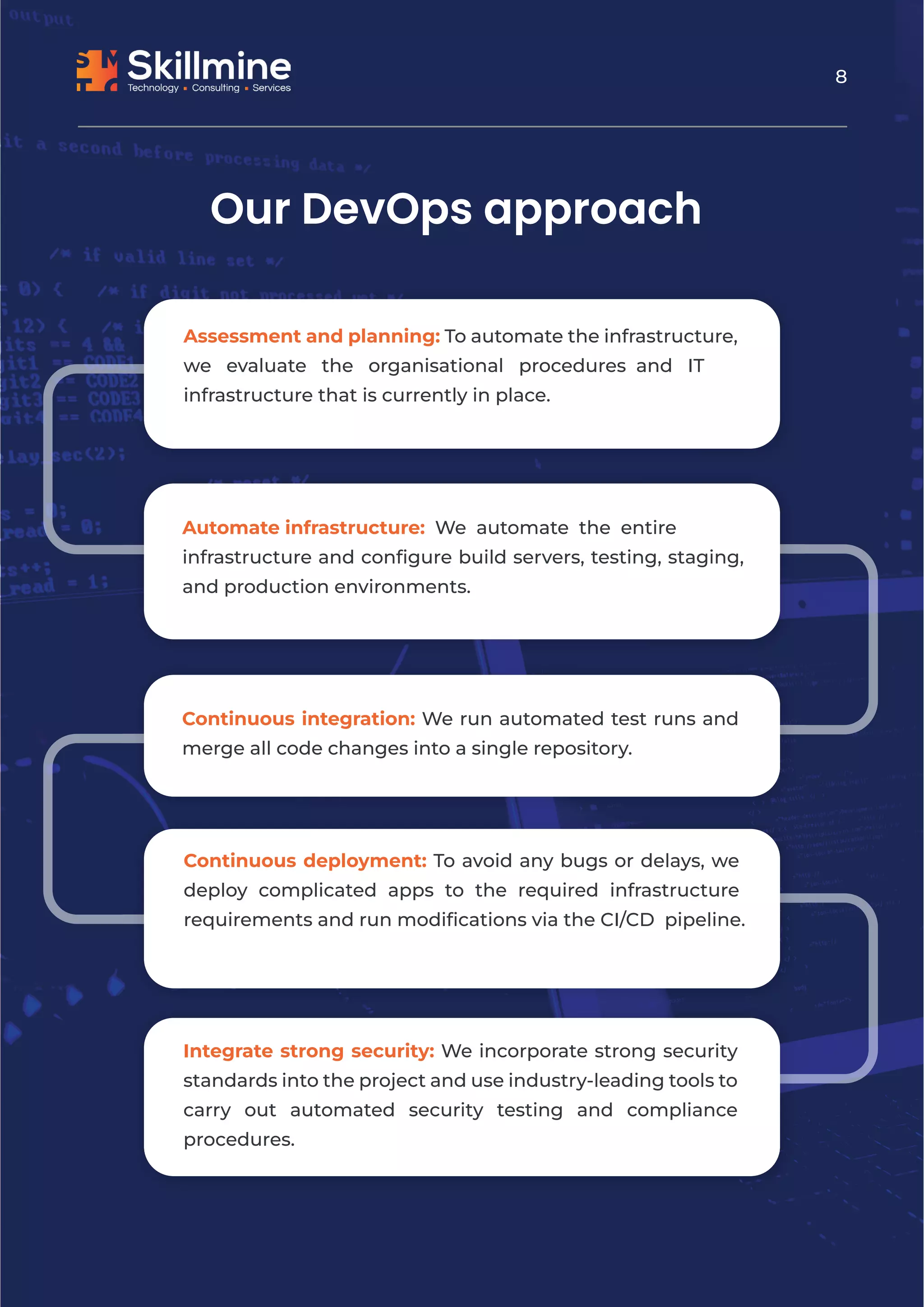 8
Assessment and planning: To automate the infrastructure,
we evaluate the organisational procedures and IT
infrastructure that is currently in place.
Automate infrastructure: We automate the entire
infrastructure and conﬁgure build servers, testing, staging,
and production environments.
Continuous integration: We run automated test runs and
merge all code changes into a single repository.
Continuous deployment: To avoid any bugs or delays, we
deploy complicated apps to the required infrastructure
requirements and run modiﬁcations via the CI/CD pipeline.
Integrate strong security: We incorporate strong security
standards into the project and use industry-leading tools to
carry out automated security testing and compliance
procedures.
Our DevOps approach
Our DevOps approach
 