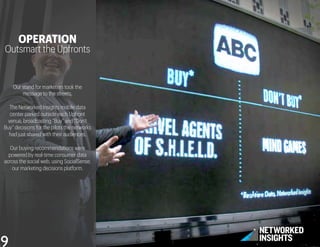 OPERATION
Outsmart the Upfronts
Our stand for marketers took the
message to the streets.
The Networked Insights mobile data
center parked outside each Upfront
venue, broadcasting “Buy” and “Don’t
Buy” decisions for the pilots the networks
had just shared with their audiences.
Our buying recommendations were
powered by real-time consumer data
across the social web, using SocialSense,
our marketing decisions platform.
9	

 