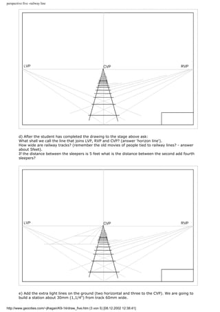 perspective five -railway line
d) After the student has completed the drawing to the stage above ask:
What shall we call the line that joins LVP, RVP and CVP? (answer 'horizon line').
How wide are railway tracks? (remember the old movies of people tied to railway lines? - answer
about 5feet).
If the distance between the sleepers is 5 feet what is the distance between the second add fourth
sleepers?
e) Add the extra light lines on the ground (two horizontal and three to the CVP). We are going to
build a station about 30mm (1,1/4") from track 60mm wide.
http://www.geocities.com/~jlhagan/K9-14/draw_five.htm (3 von 5) [08.12.2002 12:38:41]
 
