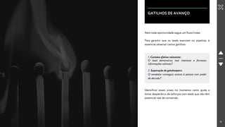 11
GATILHOS DE AVANÇO
Nem toda oportunidade segue um fluxo linear.
Para garantir que os leads avancem no pipeline, é
essencial observar certos gatilhos:
1. Contato efetivo relevante:
O lead demonstrou real interesse e forneceu
informações valiosas?
2. Superação de gatekeepers:
O vendedor conseguiu acesso à pessoa com poder
de decisão?
Identificar esses sinais no momento certo ajuda a
evitar desperdício de esforços com leads que não têm
potencial real de conversão.
 