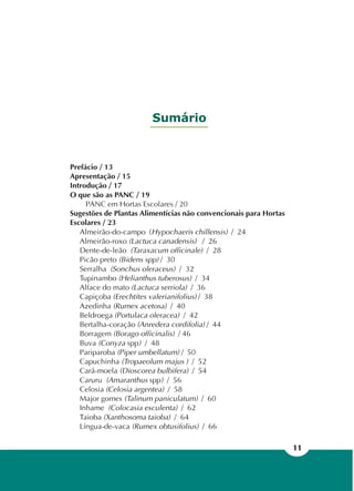 11
Prefácio / 13
Apresentação / 15
Introdução / 17
O que são as PANC / 19
PANC em Hortas Escolares / 20
Sugestões de Plantas Alimentícias não convencionais para Hortas
Escolares / 23
Almeirão-do-campo (Hypochaeris chillensis) / 24
Almeirão-roxo (Lactuca canadensis) / 26
Dente-de-leão (Taraxacum officinale) / 28
Picão preto (Bidens spp) / 30
Serralha (Sonchus oleraceus) / 32
Tupinambo (Helianthus tuberosus) / 34
Alface do mato (Lactuca serriola) / 36
Capiçoba (Erechtites valerianifolius) / 38
Azedinha (Rumex acetosa) / 40
Beldroega (Portulaca oleracea) / 42
Bertalha-coração (Anredera cordifolia) / 44
Borragem (Borago officinalis) / 46
Buva (Conyza spp) / 48
Pariparoba (Piper umbellatum) / 50
Capuchinha (Tropaeolum majus ) / 52
Cará-moela (Dioscorea bulbifera) / 54
Caruru (Amaranthus spp) / 56
Celosia (Celosia argentea) / 58
Major gomes (Talinum paniculatum) / 60
Inhame (Colocasia esculenta) / 62
Taioba (Xanthosoma taioba) / 64
Língua-de-vaca (Rumex obtusifolius) / 66
Sumário
 