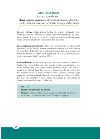 26
Características gerais: planta herbácea, anual, cultivada como
hortaliça, nativa da América do Norte. Suas folhas têm forma de lança,
lobadas ou repicadas, na cor verde, e algumas variedades têm nervuras
roxas, inflorescências em capítulos, flores amarelas.
Características nutricionais: folhas ricas em minerais, evidenciando
potássio, cálcio, fósforo, ferro e também vitaminas A, C e vitaminas
do complexo B (Riboflavina e Niacina). Elas também apresentam boa
fonte de proteína e fibras, com teores de 18 e 30% em base seca,
respectivamente. (MICHALSKA, 2013).
Usos culinários: as folhas mais novas são mais suaves e saborosas.
Podem ser consumidas cruas em saladas mistas, ou refogadas. Seu
sabor acompanha bem pratos como: polenta, feijão com arroz, e
também recheio de bolinhos, pizzas, e como ingrediente em farofas.
Recomenda-se picar bem fininho como a couve. Embora seja
popularmente chamado de almeirão, trata-se de uma alface crioula e,
por isso, seu amargor é mais suave, em relação às variedades de
almeirões comerciais mais conhecidas.
RECEITA
Salada com almeirão-de-árvore
Preparo: coletar folhas mais novas de almeirão-de-árvore.
Picar com cebola e tomate cereja. Temperar a gosto.
ALMEIRÃO-ROXO
Lactuca canadensis L.
Outros nomes populares: almeirão-de-árvore, almeirão
crioulo, almeirão-do-mato, chicória amarga, radicci cotti.
 