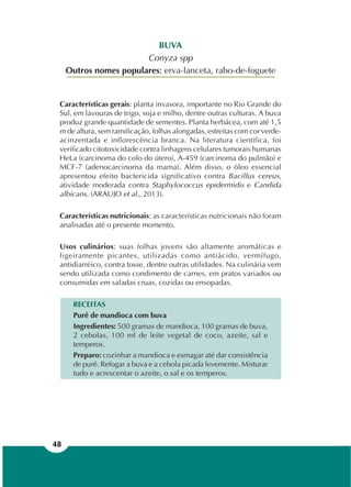 48
BUVA
Conyza spp
Outros nomes populares: erva-lanceta, rabo-de-foguete
Características gerais: planta invasora, importante no Rio Grande do
Sul, em lavouras de trigo, soja e milho, dentre outras culturas. A buva
produz grande quantidade de sementes. Planta herbácea, com até 1,5
m de altura, sem ramificação, folhas alongadas, estreitas com cor verde-
acinzentada e inflorescência branca. Na literatura científica, foi
verificado citotoxicidade contra linhagens celulares tumorais humanas
HeLa (carcinoma do colo do útero), A-459 (carcinoma do pulmão) e
MCF-7 (adenocarcinoma da mama). Além disso, o óleo essencial
apresentou efeito bactericida significativo contra Bacillus cereus,
atividade moderada contra Staphylococcus epidermidis e Candida
albicans. (ARAUJO et al., 2013).
Características nutricionais: as características nutricionais não foram
analisadas até o presente momento.
Usos culinários: suas folhas jovens são altamente aromáticas e
ligeiramente picantes, utilizadas como antiácido, vermífugo,
antidiarréico, contra tosse, dentre outras utilidades. Na culinária vem
sendo utilizada como condimento de carnes, em pratos variados ou
consumidas em saladas cruas, cozidas ou ensopadas.
RECEITAS
Purê de mandioca com buva
Ingredientes: 500 gramas de mandioca, 100 gramas de buva,
2 cebolas, 100 ml de leite vegetal de coco, azeite, sal e
temperos.
Preparo: cozinhar a mandioca e esmagar até dar consistência
de purê. Refogar a buva e a cebola picada levemente. Misturar
tudo e acrescentar o azeite, o sal e os temperos.
 