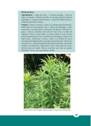 49
Fonte: Acervo do Projeto Agroecologia e Segurança Alimentar.
Risoto de buva
Ingredientes: 1 copo de arroz, 1 cenoura grande, 1 talo de
aipo, 2 cebolas, 2 dentes de alho, 3L de água filtrada, 50g de
manteiga, ½ copo de vinho branco, 1 maço de folhas de buva,
200g de parmesão ralado.
Preparo: cortar a cenoura, o aipo e as cebolas grosseiramente.
Adicionar em uma panela com 1 colher de manteiga, o alho
amassado, em fogo baixo, mexendo até dourar. Adicionar a
água e deixar cozinhar até reduzir. Este será o caldo de
legumes. Picar o outro alho e a meia cebola. Levar à outra
panela juntamente com o restante da manteiga e dourar em
fogo baixo. Adicionar o arroz, vinho e as folhas de buva
devidamente higienizadas e picadas grosseiramente. Adicionar
aos poucos o caldo de legumes feito anteriormente, mexendo
sempre e mantendo o fogo baixo. Para cada copo de arroz,
utilizar dois de caldo. Deixar cozinhar até ficar no ponto
desejado. Sirva com o parmesão ralado.
 