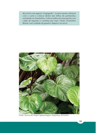 51
Fonte: Acervo do Projeto Agroecologia e Segurança Alimentar.
deve ficar com aspecto “empapado”; é assim mesmo. Misturar
com a carne e colocar dentro das folhas de paribaroba,
enrolando os charutinhos. Colocar todos em uma panela com
caldo de legumes e cozinhar por mais 15min. Prontinho!
Retirar com cuidado da panela e depois é só servir.
 