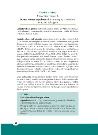 52
CAPUCHINHA
Tropaeolum majus L.
Outros nomes populares: flor-de-sangue, nastúrcio e
alcaparra selvagem
Características gerais: herbácea anual é nativa do México e Peru. É
cultivada como ornamental e comestível (in natura e cozida). Utilizam-
se folhas, flores e frutos.
Características nutricionais: são ricas em minerais, tais como N, S, I,
F, K e fosfatos, em compostos antioxidantes e carotenoides, com grande
destaque ao carotenoide luteína, que está relacionado com a prevenção
de doenças como a catarata. (FELIPPE, 2003; RIBEIRO; BARBOSA;
COSTA, 2012). A presença de compostos sulfurosos, lembrando o
agrião e com aroma agradável, confere um toque exótico às
saladas.(RIBEIRO; BARBOSA; COSTA, 2012; SILVA, 2012). As sementes
de capuchinha são conhecidas mundialmente como “óleo de Lorenzo”,
que é indicado para o tratamento da adrenoleucodistrofia, doença grave
e degenerativa. As flores de capuchinha podem ser uma importante
alternativa alimentar, por conterem substâncias antioxidantes, compostos
fenólicos, flavonoides e as antocianinas, que exercem sua ação por meio
de mecanismos de redução e sequestro de radicais livres, protegendo
o nosso organismo. (GARDNER et al., 2000).
Usos culinários: flores, folhas e botões florais com sabor levemente
picante e aroma semelhantes ao agrião e à rúcula. Podem ser usadas
cruas em saladas, em massas verdes, patês, panquecas, risotos,
sanduíches, bolinhos fritos de talos. Os frutos imaturos, imersos em
vinagre branco por aproximadamente 12 dias, possuem o gosto típico
da alcaparra.
RECEITAS
Patê com folhas de capuchinha
Ingredientes: usar 100 g de sementes de grão-de-bico (fervidas
e amornadas) ou de girassol cruas.
Preparo: bater no liquidificador as sementes com um pouco
de água, azeite e acrescentar em média 3 a 4 folhas de
capuchinha, uma folha de cebola verde ou salsinha como
desejar.
 