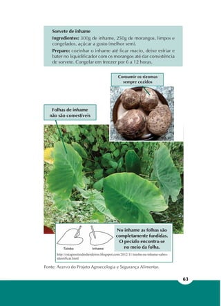 63
Fonte: Acervo do Projeto Agroecologia e Segurança Alimentar.
Sorvete de inhame
Ingredientes: 300g de inhame, 250g de morangos, limpos e
congelados, açúcar a gosto (melhor sem).
Preparo: cozinhar o inhame até ficar macio, deixe esfriar e
bater no liquidificador com os morangos até dar consistência
de sorvete. Congelar em freezer por 6 a 12 horas.
Folhas de inhame
não são comestíveis
No inhame as folhas são
completamente fundidas.
O pecíalo encontra-se
no meio da folha.
http://estagiositiodosherdeiros.blogspot.com/2012/11/taioba-ou-inhame-sabes-
identificar.html
Consumir os rizomas
sempre cozidos
 